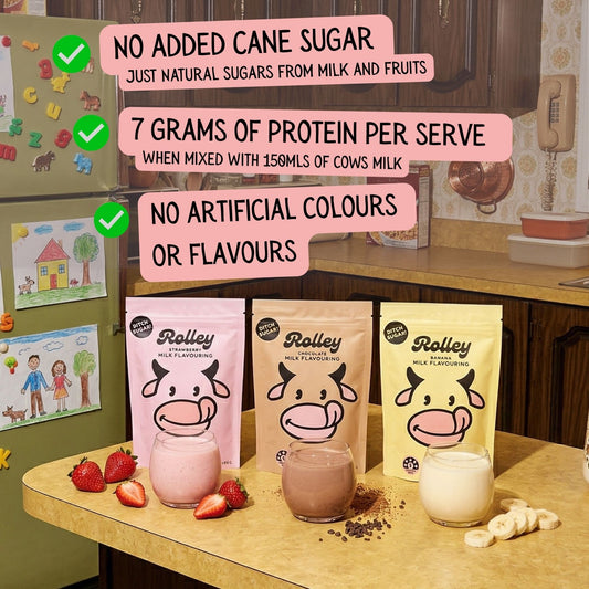 Rolley milk powder packages with nutritional information on a kitchen counter.